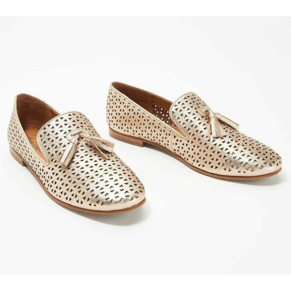 New Patricia Nash Francesca Perforated Gold Leather Tassel Loafers Shoe Size 6